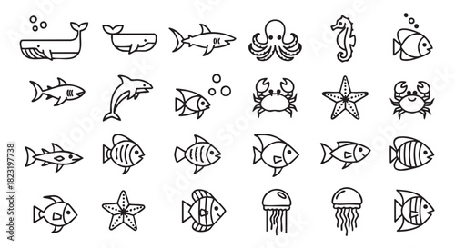 Various sea animals icon set in a minimalistic black line design