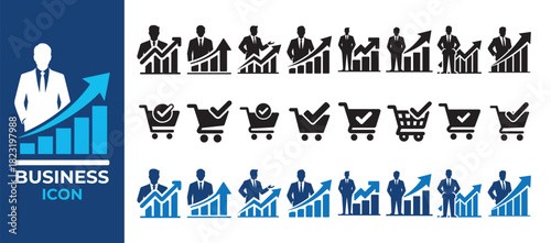 Business and shopping icon set. Corporate growth, analytics, cart symbols collection. Vector illustration eps 10