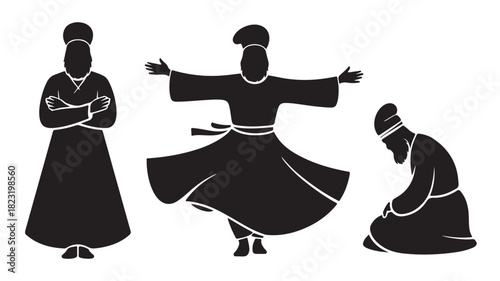 Silhouette of whirling dervishes in various poses vector illustration of Sufi dancers for cultural and spiritual themes isolated on white background