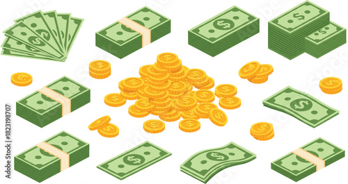 Large collection of US dollar banknotes and golden coins in stacks and piles, symbolizing financial success, investment, wealth, banking, and business transactions vector illustration set.