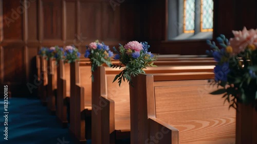 Serene church pew wooden interior floral arrangement soft light stained glass peaceful worship faith sacred space wedding decor gentle hope calm wooden pew church aisle floral decor bouquet fills