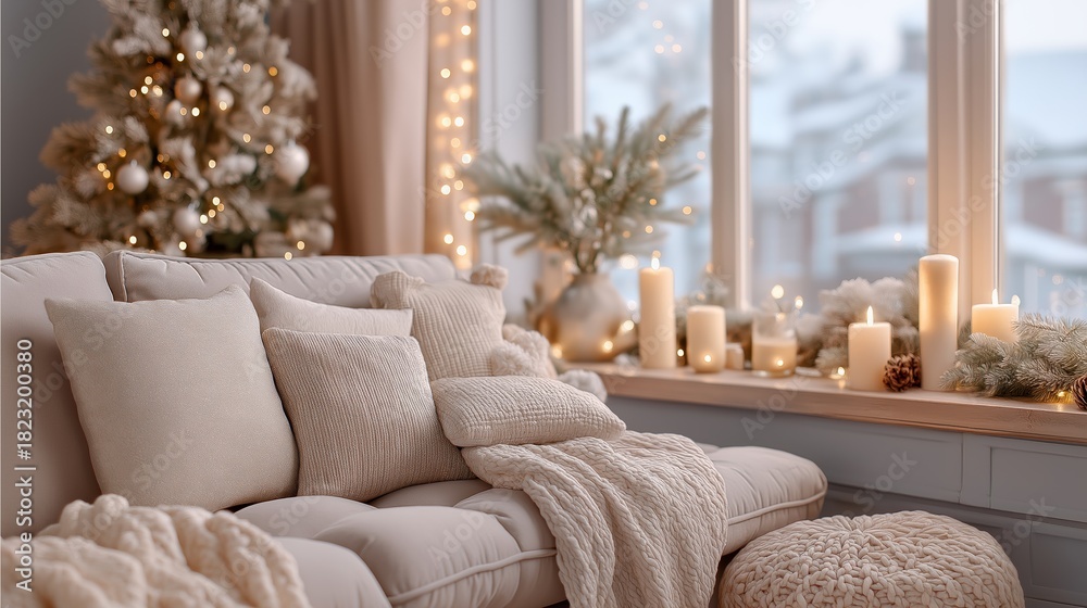 Fototapeta premium Warm winter living room with candles, knitted textiles and natural wood elements creates a seasonal home atmosphere. Soft interior styling enhances traditional rustic holiday decor
