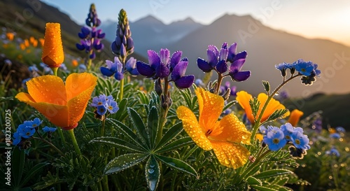 Fototapeta Naklejka Na Ścianę i Meble -  Close up of vibrant wildflowers in alpine meadow at sunrise in mountain