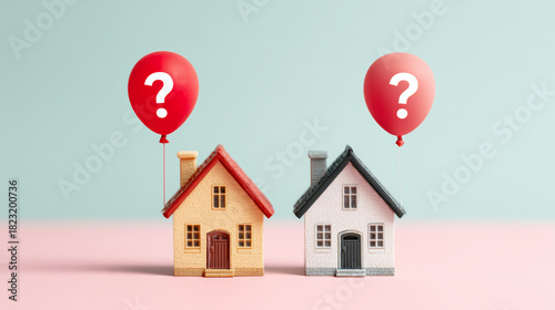 Mini house balloon question mark choice compare housing market real estate decision mortgage