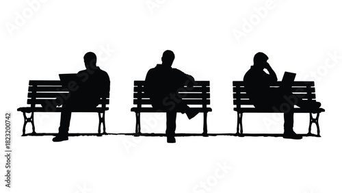 Men on benches silhouettes isolated on white background, Vector