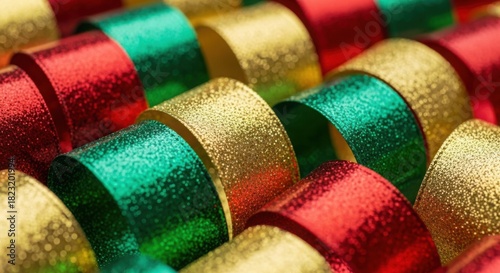 Glittering red green gold ribbon background, festive holiday celebration decor