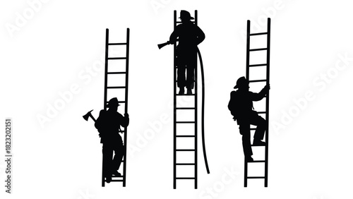 Firefighter silhouettes on ladders isolated on white background, Vector