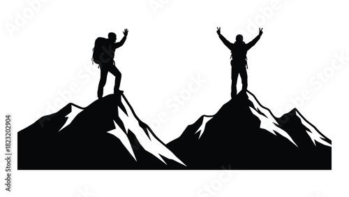 Mountain climbers achievement silhouette isolated on white background, Vector