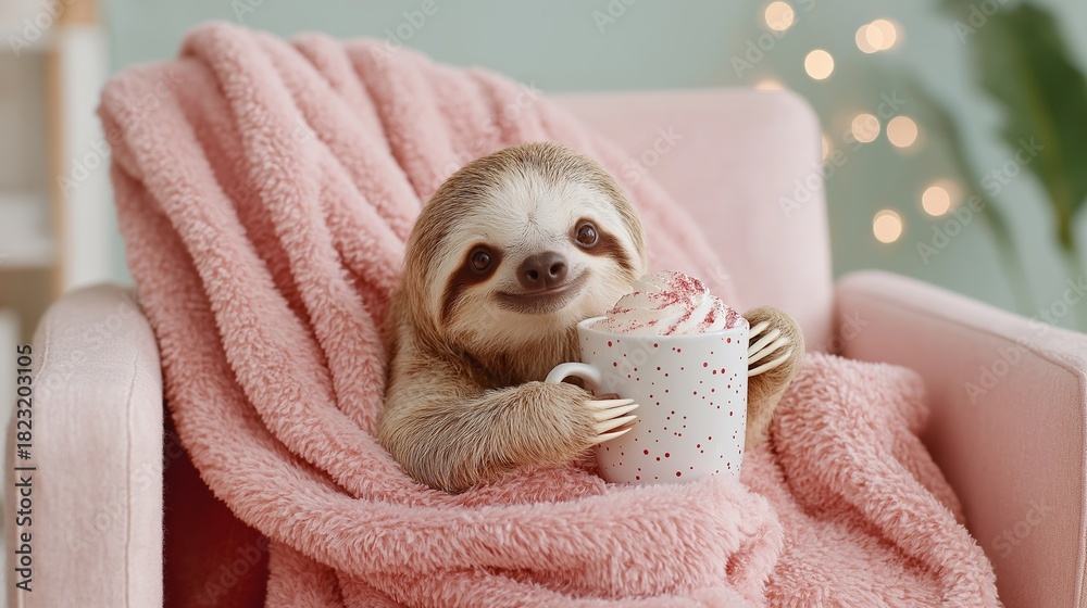Obraz premium Cute sloth holds a whipped-cream drink while wrapped in a pink blanket for cozy seasonal marketing assets. The composition uses soft homely comfort as a warm symbol for winter-themed branding