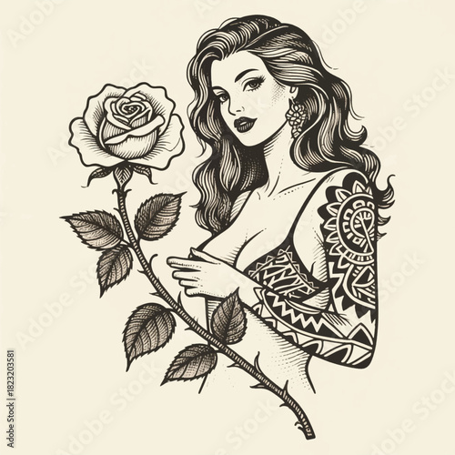 Vintage Beautiful Woman With Rose Illustrator Artwork Banner Background Design Template 