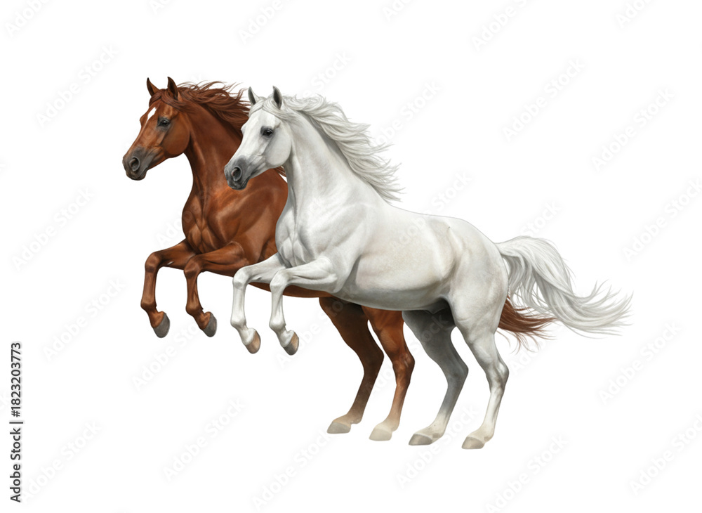 Fototapeta premium Dynamic Double Horse Jump with Energetic Pose 