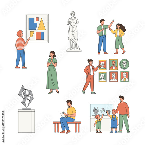 People visiting art gallery and museum exhibition