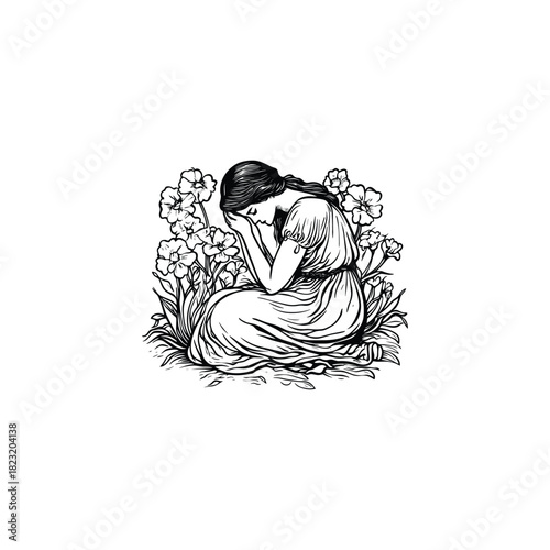 vintage line art illustration featuring a woman in a classical dress kneeling and covering her face in grief or sorrow, surrounded by blooming flowers