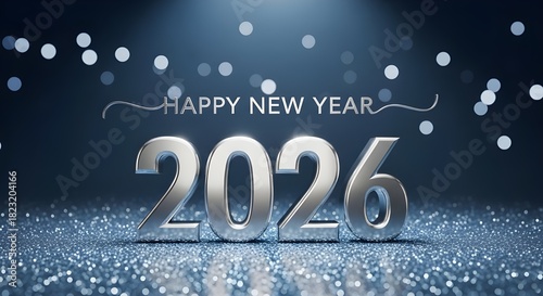Happy new year 2026 silver 3d text on shimmering blue glitter and bokeh background celebration