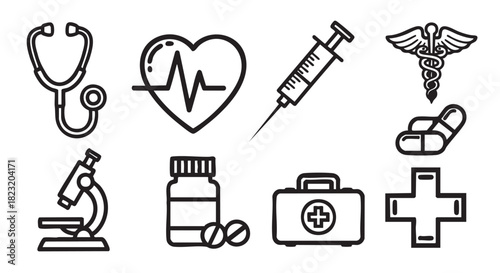 Medical icons set stethoscope heart microscope and pills outline style vector