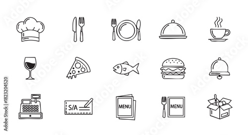 Outline icons for restaurant and food service related items drawing