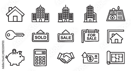 Real estate icons in black outline on a white background set