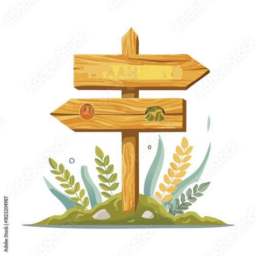 Triple arrow wooden signpost standing in a sunny field of yellow wildflowers flat vector illustration design