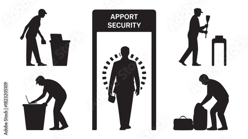 Airport security icons showing security checks and procedures vector silhouette illustration isolated on white background