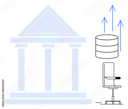 Bank building icon alongside database symbol and office chair with upward arrows. Ideal for technology integration, data growth, banking modernization, remote work, innovation, digital systems