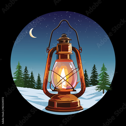 Traditional metal lantern glowing brightly in a snowy winter landscape under a crescent moon vector illustration