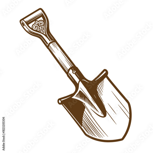 Detailed sketch illustration of a vintage garden shovel for landscaping and gardening