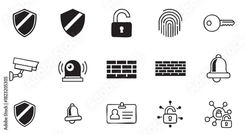 Security and protection symbol icon collection black and white illustration