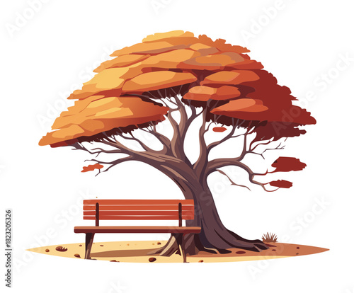 Majestic autumn bonsai tree with a wooden park bench on a soft yellow flat vector illustration design