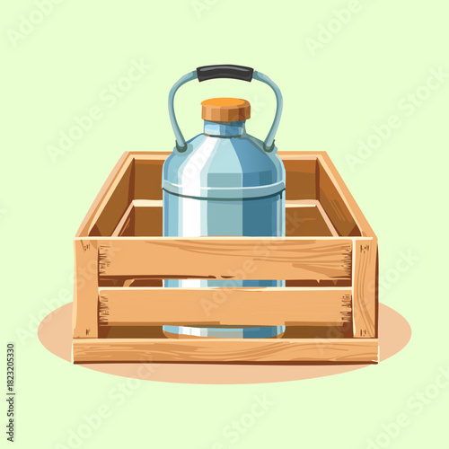 Large metal milk can inside a rustic wooden crate in a sunny farm setting flat vector illustration