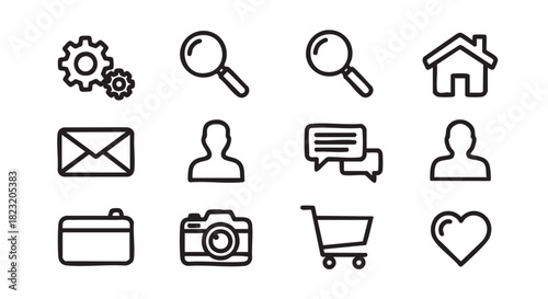 Set of black and white vector icons for settings and communication