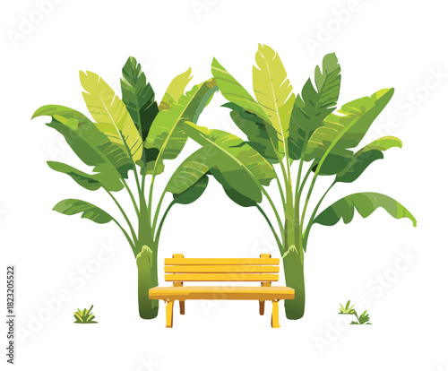 Wooden park bench positioned between lush green banana trees in a sunny tropical garden flat vector design
