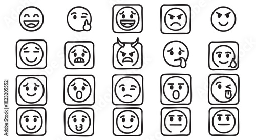 Set of Hand Drawn Emoji Emoticons Vector Illustration Mood Collection