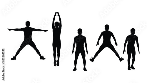 Jumping jack exercise silhouettes isolated on white background, Vector