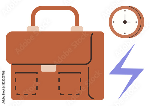 Brown briefcase, wall clock, and lightning bolt icon highlighting themes of work, energy, efficiency. Ideal for time management, productivity, business, deadlines project planning energy boost