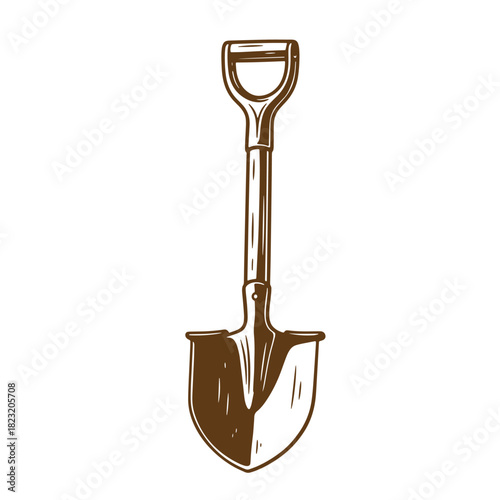 Detailed sketch of a classic garden shovel in brown isolated on a white background