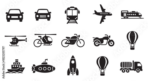 Set of transportation icons including cars helicopters ships and submarine