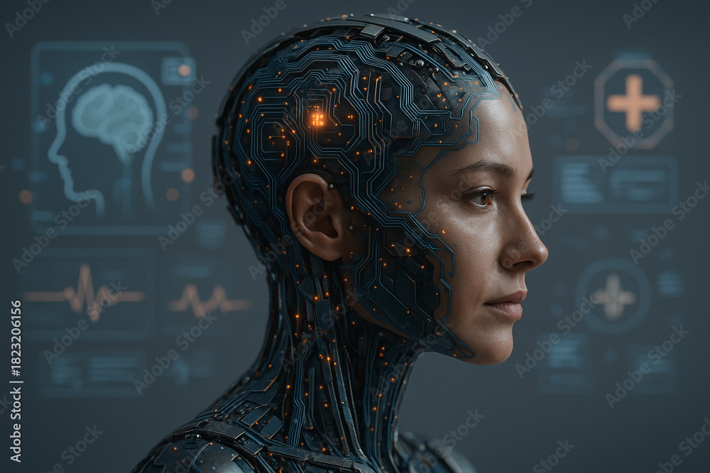 Obraz premium AI generated sci fi portrait blending human form with advanced circuitry glowing data streams and digital hud elements creating a calm precise futuristic atmosphere that reflects intelligence