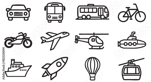 Transportation icon set with car bus motorcycle airplane ship and rocket