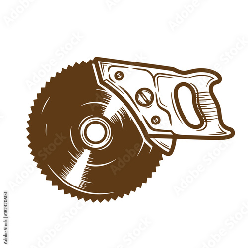 Detailed sketch of a hand saw vintage illustration in brown perfect for woodworking and carpentry