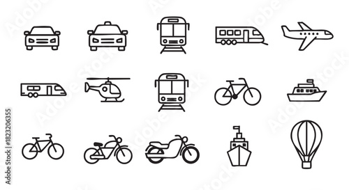 Transportation Vehicles Icon Set in Black and White Detailed Outlines