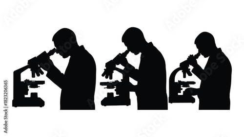 Scientists using microscopes silhouettes isolated on white background, Vector