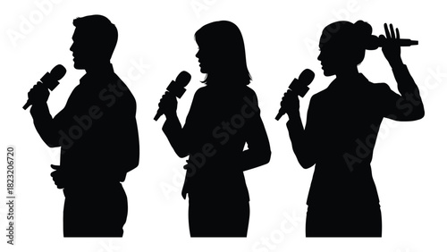 Speakers with microphones silhouette isolated on white background, Vector
