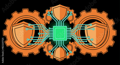 This intricate digital illustration showcases the synergy between advanced technology, robust security mechanisms, and intricate engineering processes, highlighting data protection.