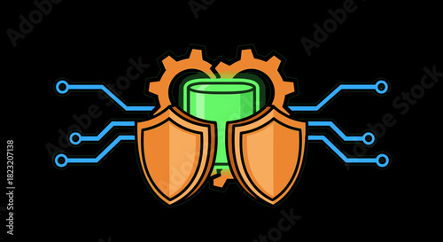 This illustration depicts robust digital data protection and secure technological processes, emphasizing cybersecurity measures and system integrity with vibrant graphic elements.