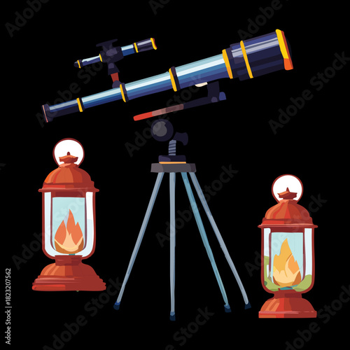 Professional telescope on a tripod with glowing lanterns under a starry night sky vector illustration