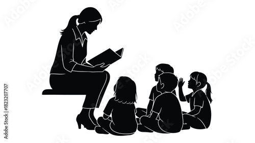 Storytime with children silhouette isolated on white background, Vector