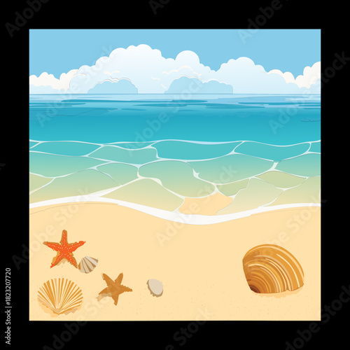 Sunny tropical beach with blue ocean water and seashells on the sand vector illustration design