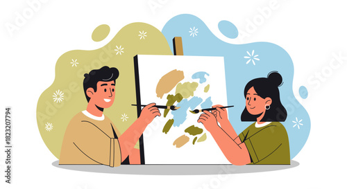 A happy couple shares a creative moment, painting together on a canvas, enjoying art and expressing themselves with colorful strokes and artistic joy.