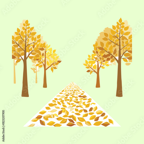 Stone walkway through a bright yellow autumn garden with tall trees flat vector illustration design