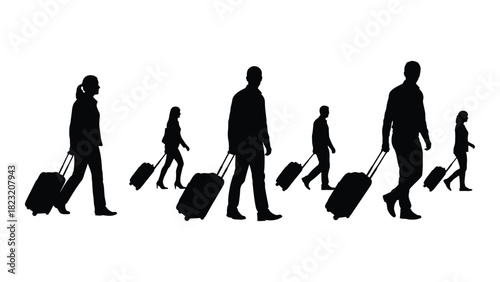 Silhouettes of travelers with luggage isolated on white background, Vector